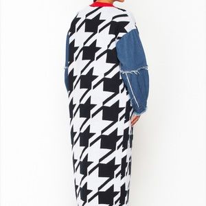 HOUNDSTOOTH LONG BODY KNIT DENIM SLEEVE OPEN FRONT CARDIGAN
